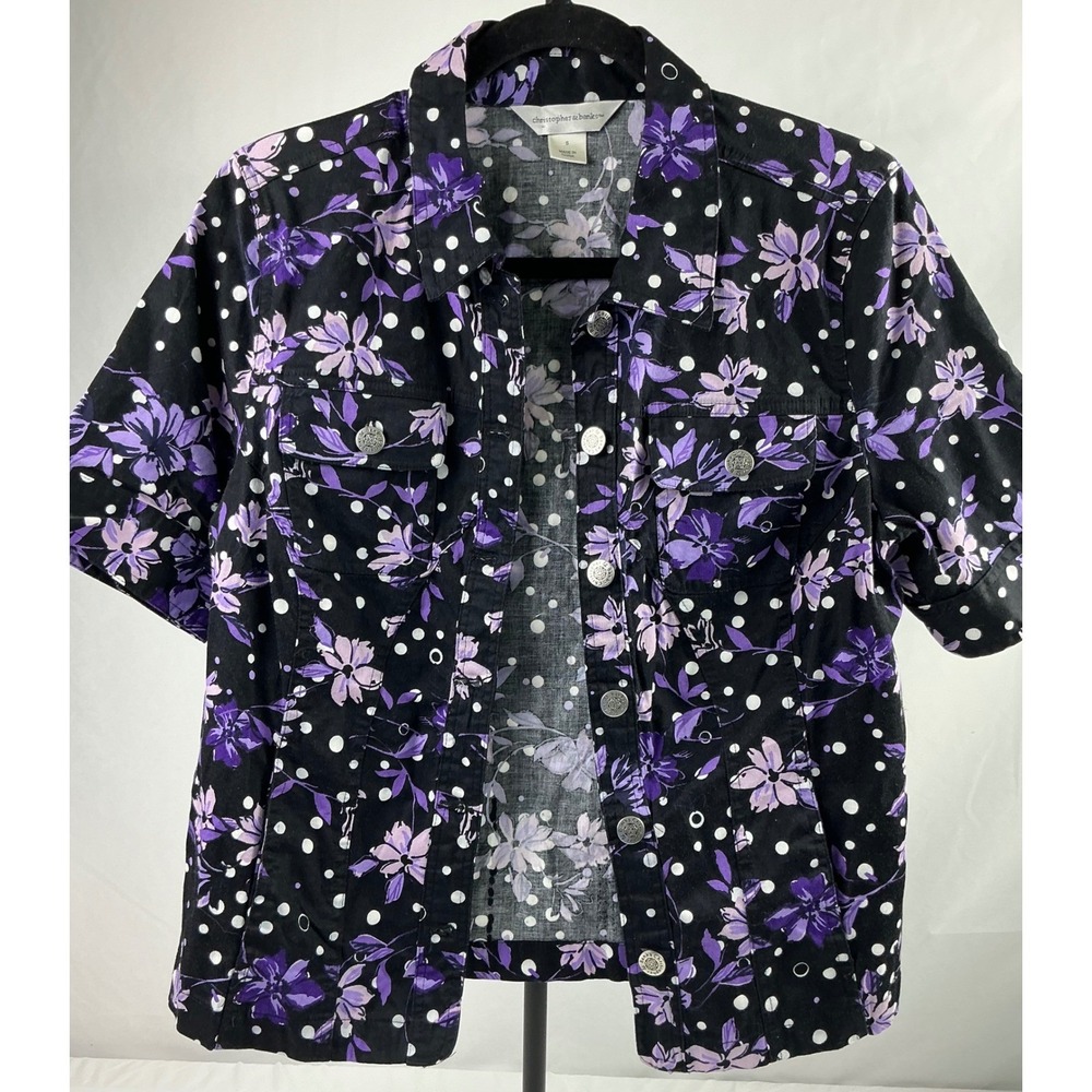 Christopher Banks Floral Polka Dot Button Down Short‎ Sleeve Top Small